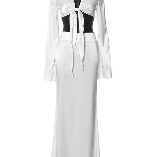 Load image into Gallery viewer, Elegant Flare Sleeves Satin Slim Long Dress Two Piece Set For Women's Summer New Sexy Lace Up Short Top Long Dress Set
