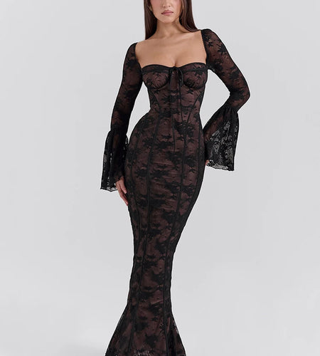 Lace Print Long Flare Sleeve Sexy Maxi Dress For Women Fashion Square Collar Backless Bodycon Club Party Sexy Dress