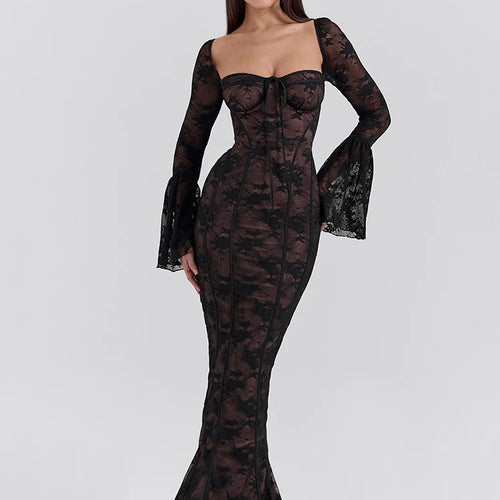 Load image into Gallery viewer, Lace Print Long Flare Sleeve Sexy Maxi Dress For Women Fashion Square Collar Backless Bodycon Club Party Sexy Dress
