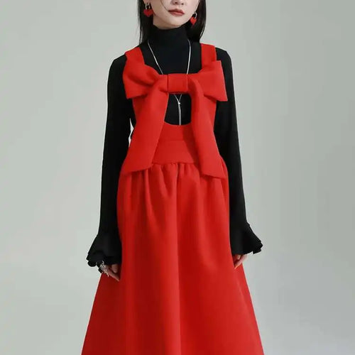 Load image into Gallery viewer, Women Gray Bow Bandage Spliced Long Elegant Woolen Dress New Sleeveless Loose Fit Fashion Tide Autumn Winter 2025 1DF3527
