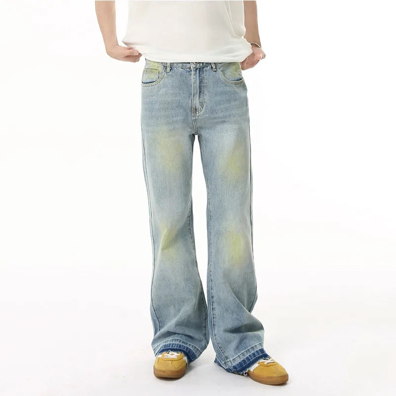 High Street Men's Jeans New American Style Vintage Tie Dye Design Micro Flared Male Washed Denim Jeans Summer 9W1841