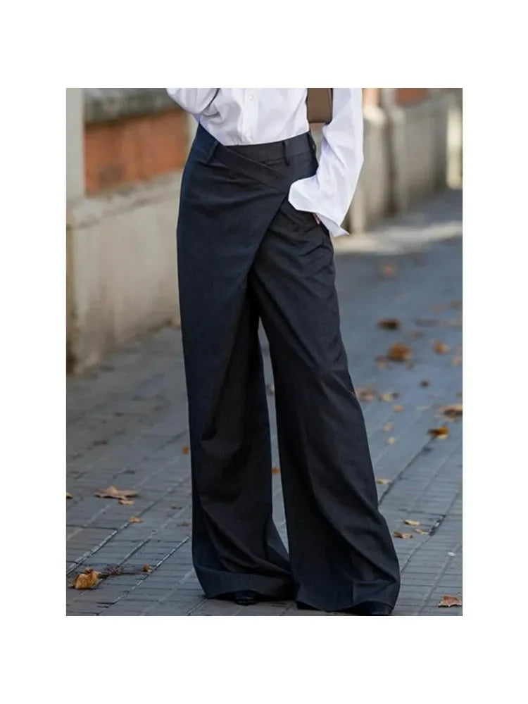 Trendy Women's Suit Pants Autumn Spring Loose Wide Leg Asymmetric Solid Color Split-Joint High Waisted Formal Trousers