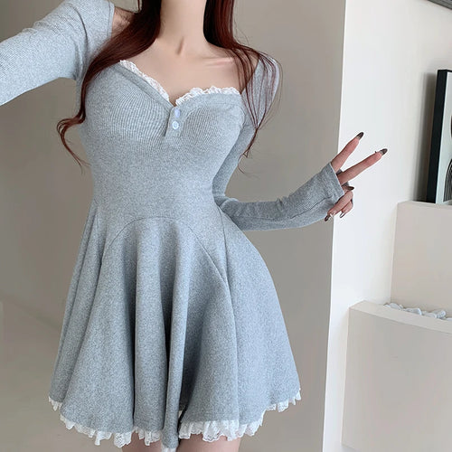 Load image into Gallery viewer, Vintage Black Lace Sexy Club Party Pleated Dress For Women 2023 Gray V Neck Long Sleeve Botton Wrapped Hip Mini Dress New Autumn
