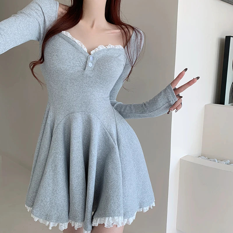 Vintage Black Lace Sexy Club Party Pleated Dress For Women 2023 Gray V Neck Long Sleeve Botton Wrapped Hip Mini Dress New Autumn