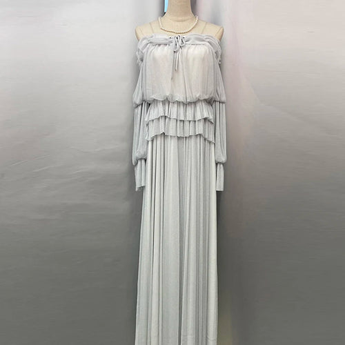 Load image into Gallery viewer, Solid Spliced Lace Up Loose Dresses For Women Slash Neck Long Sleeve High Waist Temperament Long Dress Female New
