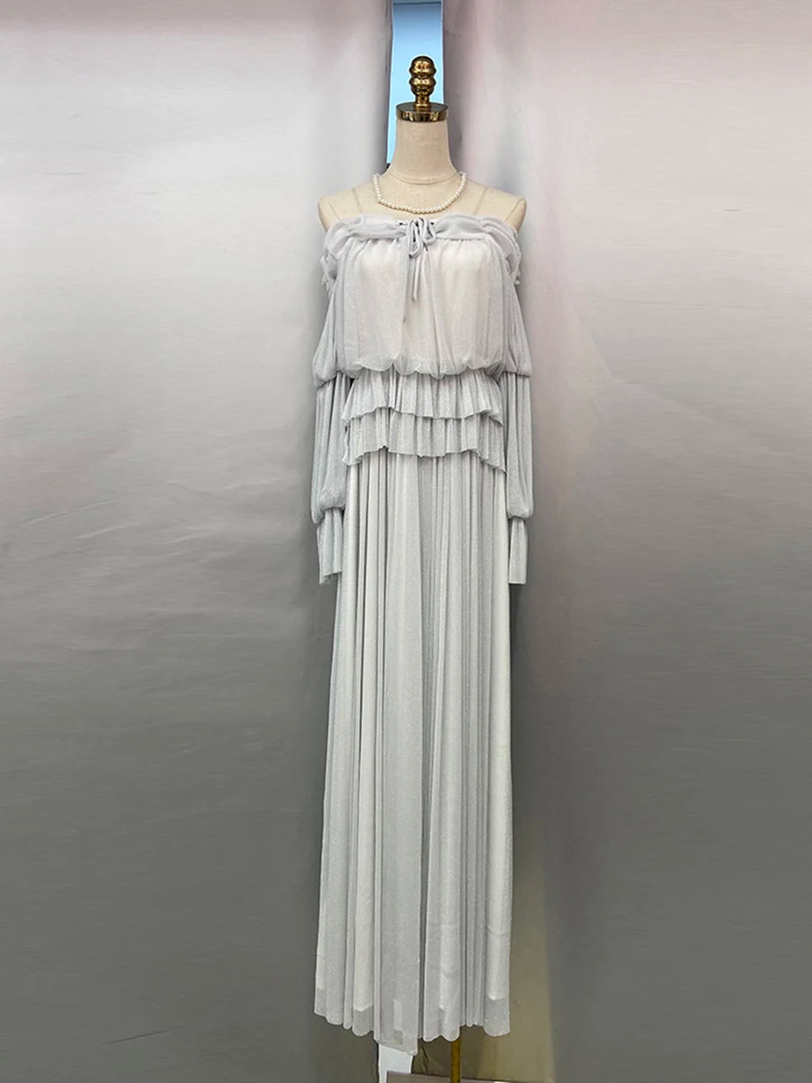 Solid Spliced Lace Up Loose Dresses For Women Slash Neck Long Sleeve High Waist Temperament Long Dress Female New