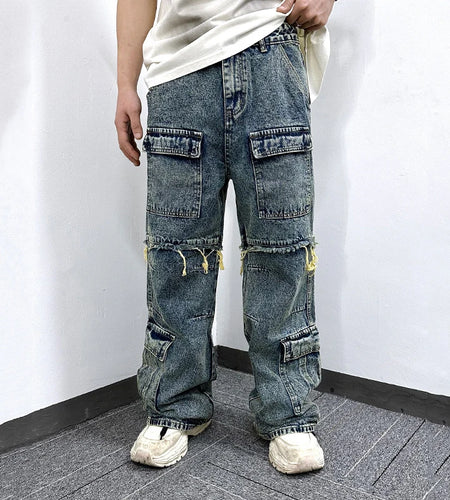 Men's Jeans Washed Denim Pants Multiple Pockets Stitched Edges Distressed Design Male Trousers Summer Overalls 9W1771
