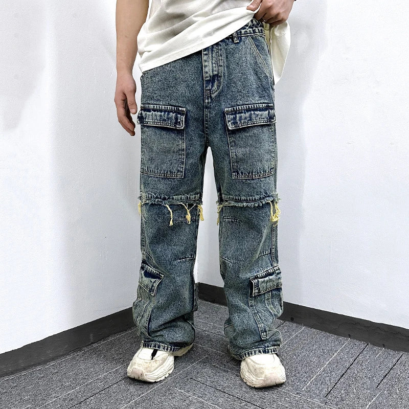 Men's Jeans Washed Denim Pants Multiple Pockets Stitched Edges Distressed Design Male Trousers Summer Overalls 9W1771