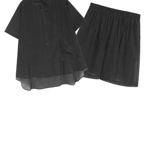 Load image into Gallery viewer, Black Irregular Thin Shirt Wide Leg Shorts Two Piece Suit New Lapel Short Sleeve Women Fashion Spring Summer 2025 1DJ1434
