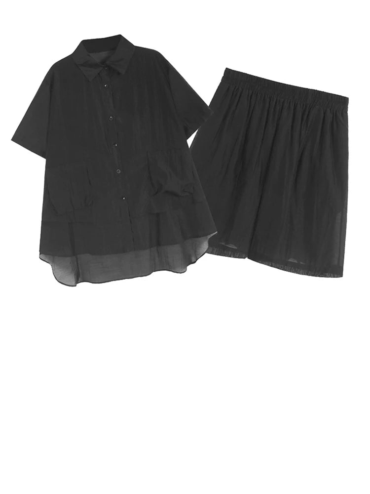 Black Irregular Thin Shirt Wide Leg Shorts Two Piece Suit New Lapel Short Sleeve Women Fashion Spring Summer 2025 1DJ1434
