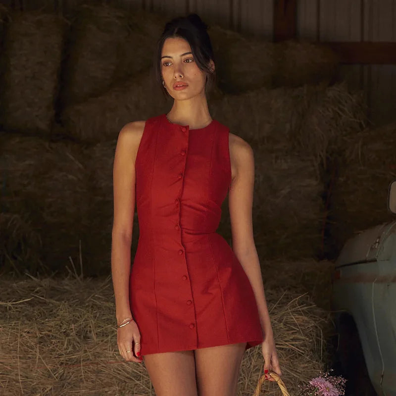 Fashion Sleeveless Sexy Mini Dress For Women New O Neck Single-btrasted Bodycon Club Party Tank Dress Femme Clothes