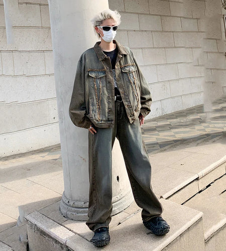 Autumn New Trendy Men's Denim Set American High Street Washed Straight Jeans Turn-down Collar Jacket Gradient Suit 9C8908