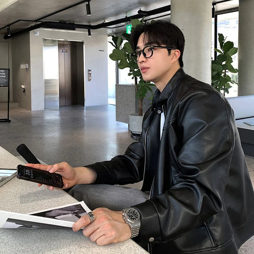 Load image into Gallery viewer, Men&#39;s Jacket New American Style Motorcycle PU Leather Trendy Stand Collar Solid Color Stylish Male Casual Clothing 9W1820
