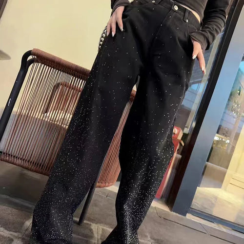 Load image into Gallery viewer, Patchwork Diamonds Casual Loose Denim Pants For Women High Waist Spliced Button Wide Leg Jeans Female Fashion
