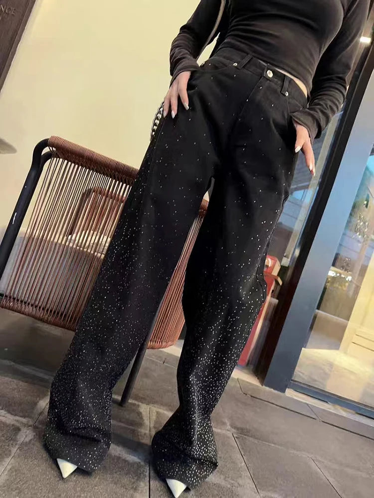 Patchwork Diamonds Casual Loose Denim Pants For Women High Waist Spliced Button Wide Leg Jeans Female Fashion