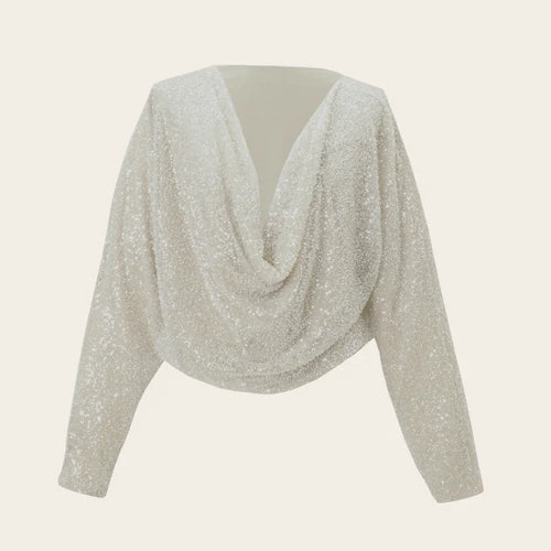 Load image into Gallery viewer, Solid Loose Spliced Bright Slik Fashion T Shirts for Women Swinging Neck Long Sleeves Minimalist T Shirt Female New
