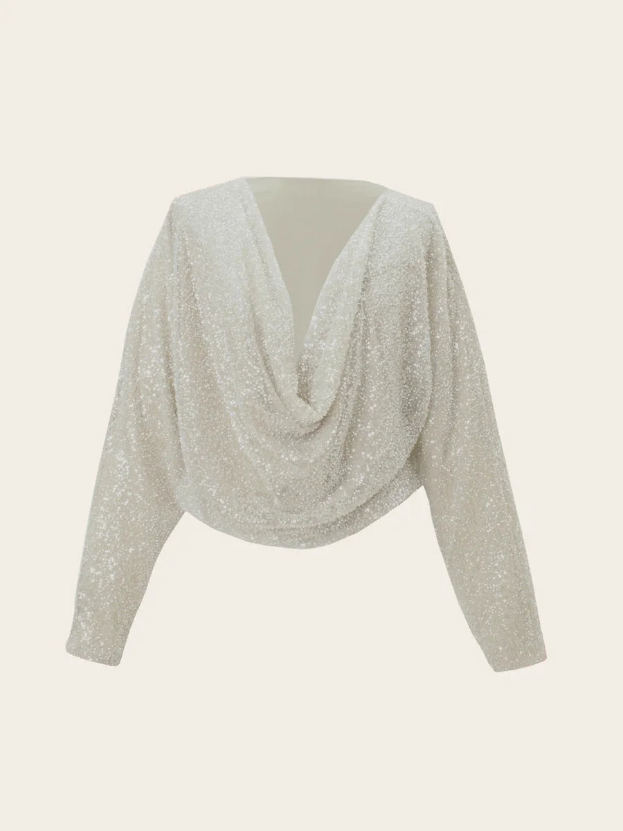 Solid Loose Spliced Bright Slik Fashion T Shirts for Women Swinging Neck Long Sleeves Minimalist T Shirt Female New