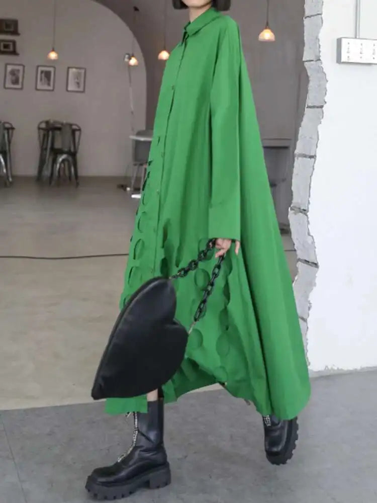 Women Black Hollow Out Big Size Midi Shirt Dress New Lapel Long Sleeve Loose Fit Fashion Tide Spring Autumn 2025 1DF6037