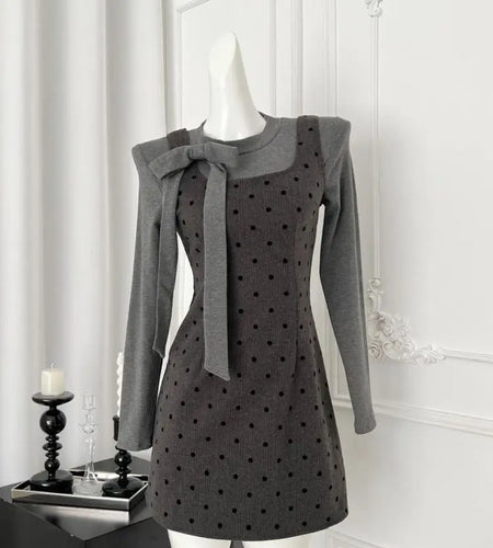 Autumn Women's Fashion 2024 French Two-piece Set Grey Bow Long Sleeves Tops + Square Neck High Waist Dot Wrap Hip Short Dresses