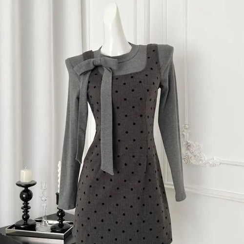 Load image into Gallery viewer, Autumn Women's Fashion 2024 French Two-piece Set Grey Bow Long Sleeves Tops + Square Neck High Waist Dot Wrap Hip Short Dresses
