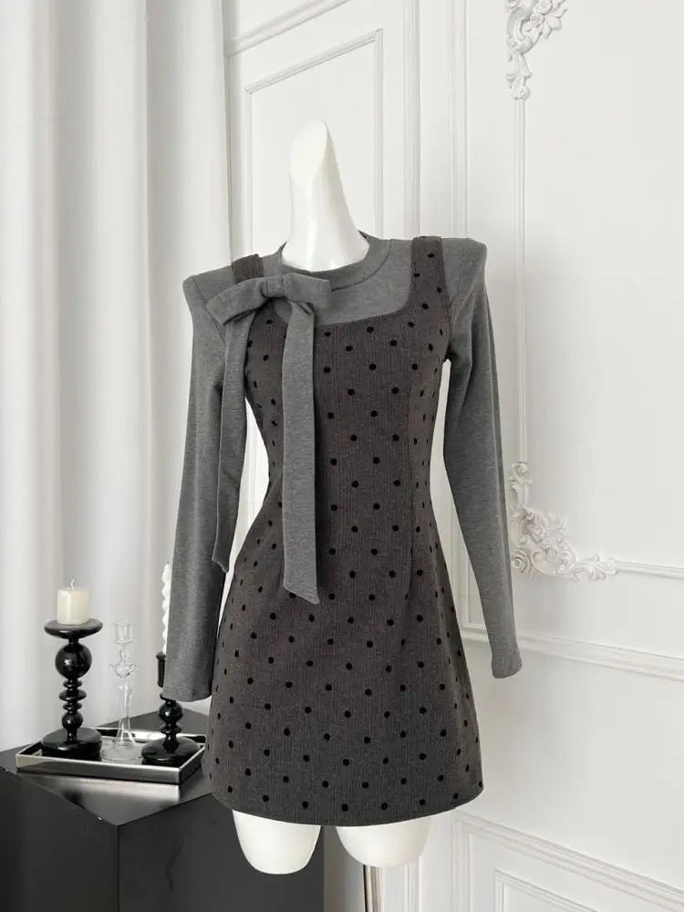 Autumn Women's Fashion 2024 French Two-piece Set Grey Bow Long Sleeves Tops + Square Neck High Waist Dot Wrap Hip Short Dresses