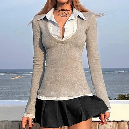 Load image into Gallery viewer, Fashion Chic Lace Patch Slim Fall T shirts Women Turn-Down Collar Korean Style Top Pullover Long Sleeve Girls Outfits
