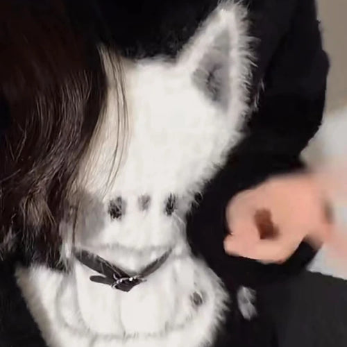 Load image into Gallery viewer, 2025 Harajuku Black Cartoon Cat Knitted Soft Sweater Women Autumn Vintage Streetwear Tops Loose Grunge Y2k Aesthetic Pull Femme
