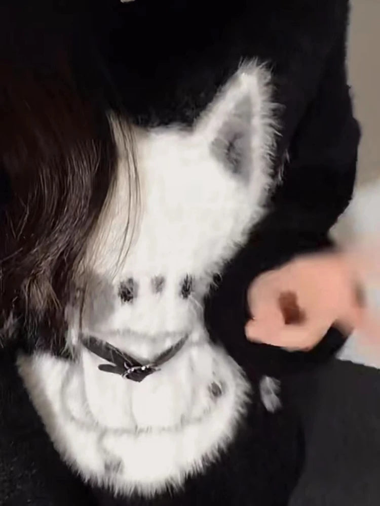 2025 Harajuku Black Cartoon Cat Knitted Soft Sweater Women Autumn Vintage Streetwear Tops Loose Grunge Y2k Aesthetic Pull Femme