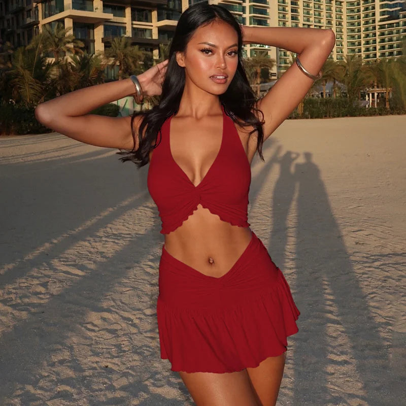 Ruffle Sexy Skirt Two Piece Sets Women Halter Lace-up Crop Top And Mini Skirt Female Beach Club Party 2 Piece Set