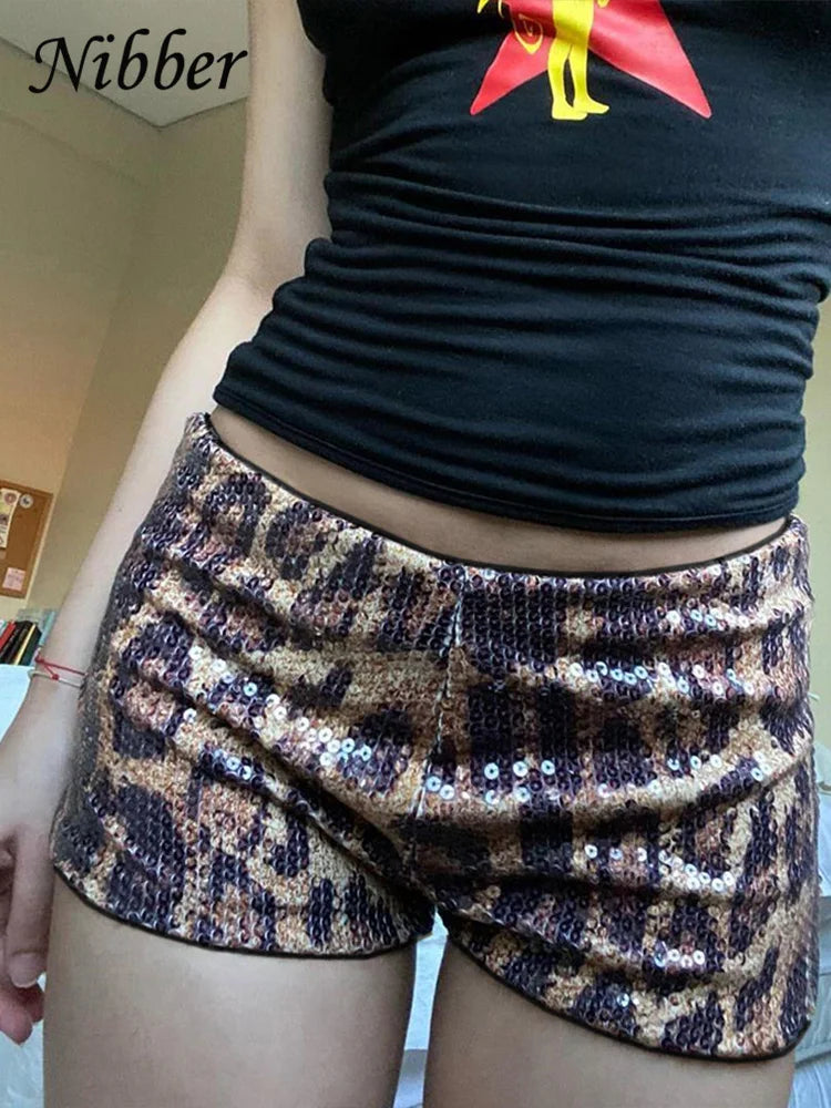 Leopard Print Mini Hot Shorts Women Sequins Patchwork Wild Skinny Stretch Streetwear Autumn Midnight Sexy Trend Buttoms