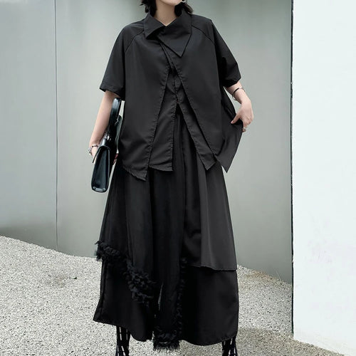 Load image into Gallery viewer, Big Size Black Irregular Shirt Mesh Pants Two Piece Suit New Lapel Short Sleeve Women Fashion Spring Summer 2025 1DJ1371
