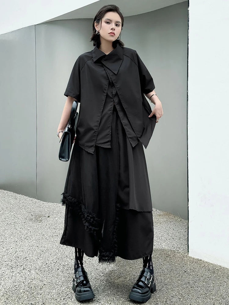 Big Size Black Irregular Shirt Mesh Pants Two Piece Suit New Lapel Short Sleeve Women Fashion Spring Summer 2025 1DJ1371