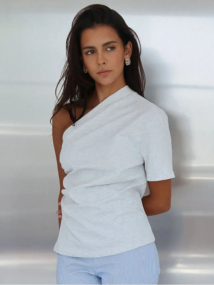 Women'S Solid Color One-Shoulder Thin Short-Sleeved T-Shirt Tops Summer New Versatile Lazy Causal And Comfortable Tops
