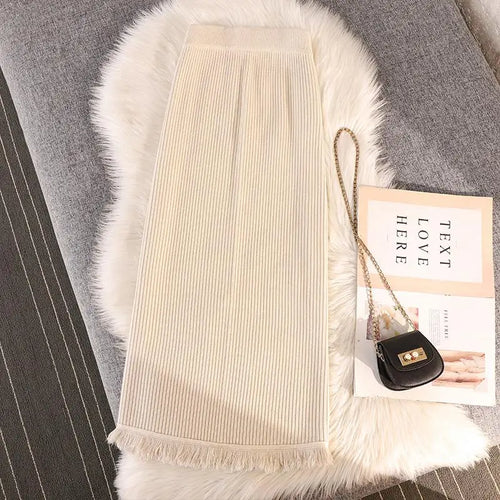 Load image into Gallery viewer, Solid Tassel Split Long Skirts Women Warm Cozy Elegant Casual All-match Korean Elastic Waist A-line Knitted Wrap Hip Skirt Trend
