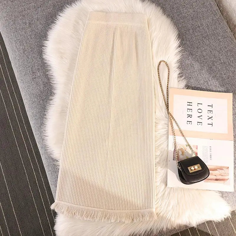 Solid Tassel Split Long Skirts Women Warm Cozy Elegant Casual All-match Korean Elastic Waist A-line Knitted Wrap Hip Skirt Trend