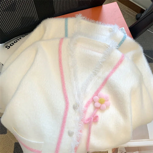 Load image into Gallery viewer, Autumn Winter Pink Blue Patchwork Elegant Button Knit Cardigan Tops Women Korean Fashion V-neck High Street Long Sleeve Sweater
