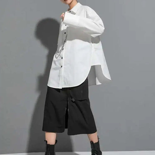 Load image into Gallery viewer, Women Black Metal Chain Long Big Size Blouse New Lapel Long Sleeve Loose Fit Shirt Fashion Tide Spring Autumn 2025 1DF1322
