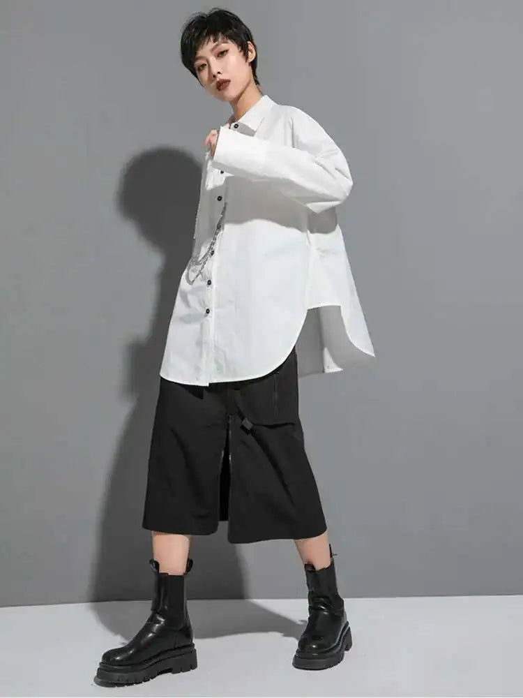 Women Black Metal Chain Long Big Size Blouse New Lapel Long Sleeve Loose Fit Shirt Fashion Tide Spring Autumn 2025 1DF1322