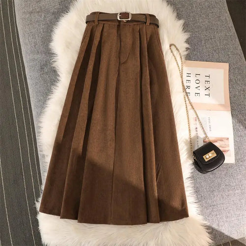 Load image into Gallery viewer, Retro Corduroy Black Pleated Umbrella Skirts For Women Autumn Winter Fashion Korean Streetwear Harajuku Brown Long Skirt Elegan
