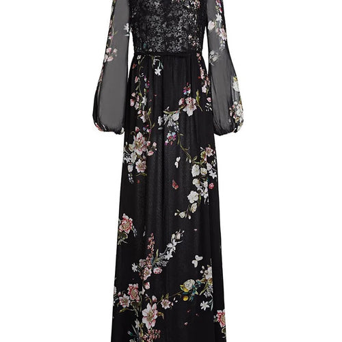 Load image into Gallery viewer, Elegant Floral Printing Lace Long Dresses For Women Round Neck Long Sleeve High Waits Temperament Slimming Dress Female New
