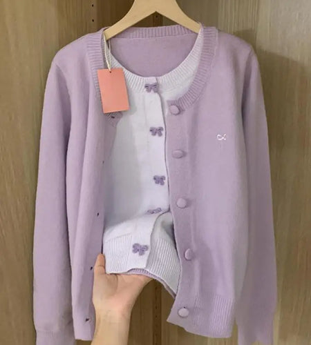 French Vintage Purple Patchwork Bow Single Breasted Cardigan Sweater Women Autumn Winter Round Neck Long Sleeve Knitwear Tops