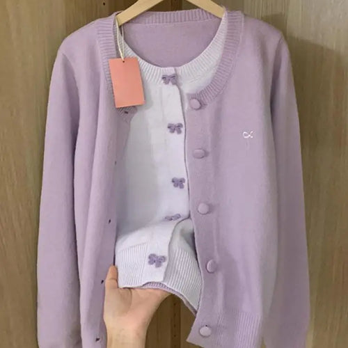 Load image into Gallery viewer, French Vintage Purple Patchwork Bow Single Breasted Cardigan Sweater Women Autumn Winter Round Neck Long Sleeve Knitwear Tops
