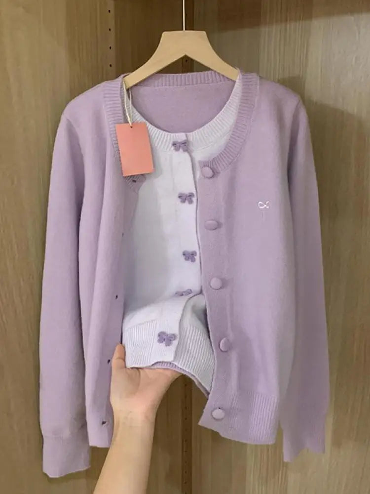 French Vintage Purple Patchwork Bow Single Breasted Cardigan Sweater Women Autumn Winter Round Neck Long Sleeve Knitwear Tops