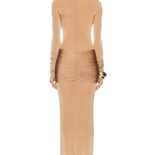 Load image into Gallery viewer, Long Sleeve Ruched Sexy Maxi Dress For Women Gown 2025 Spring Fashion Solid O Neck Slim Fit Elegant Long Dress Clothes
