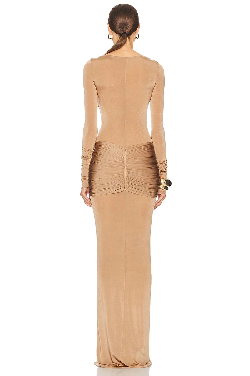Long Sleeve Ruched Sexy Maxi Dress For Women Gown 2025 Spring Fashion Solid O Neck Slim Fit Elegant Long Dress Clothes