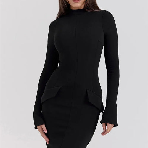 Load image into Gallery viewer, Black Long Sleeve Sexy Maxi Dress For Women Autumn Winter New O Neck Two Pocket Back Split Bodycon Long Dress Elegant
