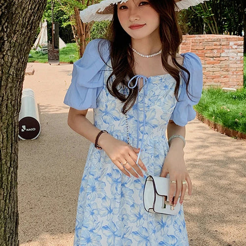 Load image into Gallery viewer, Summer Printed Chiffon Women&#39;s Dresses Elegant Pile Up Sleeves Lace-up Female Dress Casual High Waist Vacation Dresses
