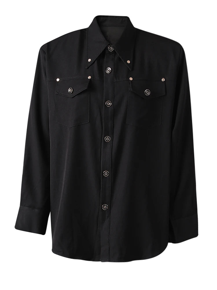 Women Blue Rivet Shoulder Padded Big Size Blouse New Lapel Long Sleeve Shirt Fashion Tide Spring Autumn 2025 CPG3097