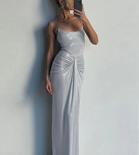 Sliver Spaghetti Strap Sexy Maxi Dress For Women Fashion Sparkle Sleeveless Backless Ruched Beach Club Sexy Long Dress