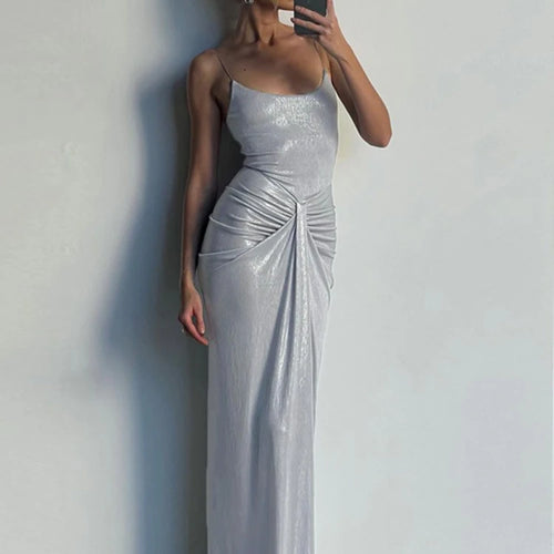 Load image into Gallery viewer, Sliver Spaghetti Strap Sexy Maxi Dress For Women Fashion Sparkle Sleeveless Backless Ruched Beach Club Sexy Long Dress
